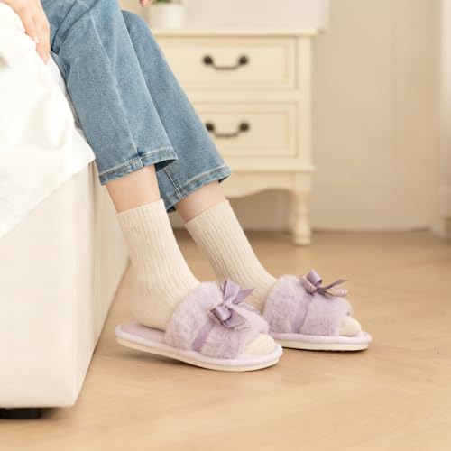 GOEWY House Slippers for Women Open Toe Fuzzy Cute Bow Slippers with Memory Foam Fluffy Cozy Birthday Gifts for Women Mom Indoor and Outdoor Size 7 8 Beige - Image 3