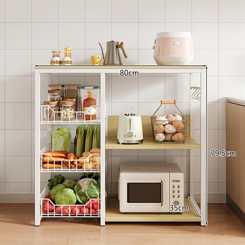 Multifunctional Kitchen Storage Cabinet with 3 Pull-Out Drawers & 3 Open Shelves, 3-Tier Microwave Oven Stand with 5 Hook, Save Space Kitchen Storage Rack for Spice, Utensils, Vegetable, Fruit, Standing Shelf - Image 4