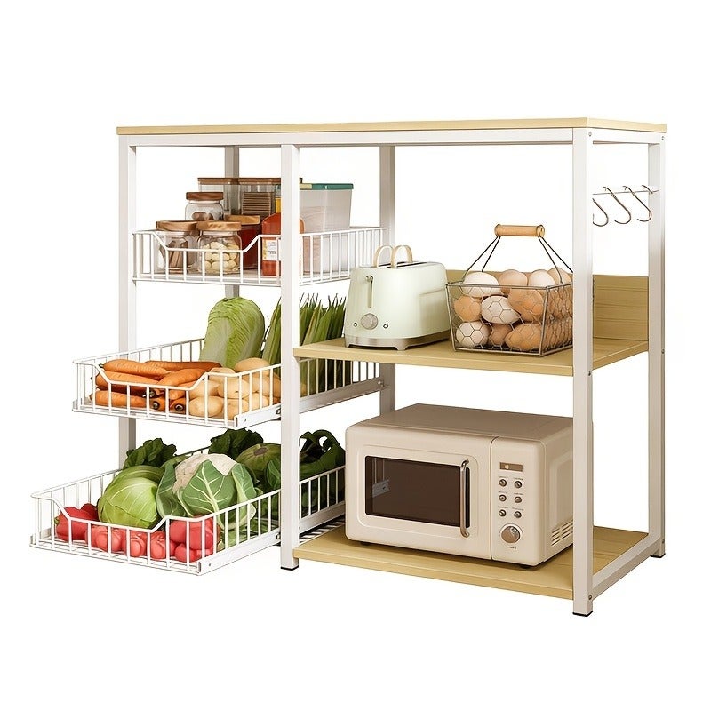 Multifunctional Kitchen Storage Cabinet with 3 Pull-Out Drawers & 3 Open Shelves, 3-Tier Microwave Oven Stand with 5 Hook, Save Space Kitchen Storage Rack for Spice, Utensils, Vegetable, Fruit, Standing Shelf - Image 1