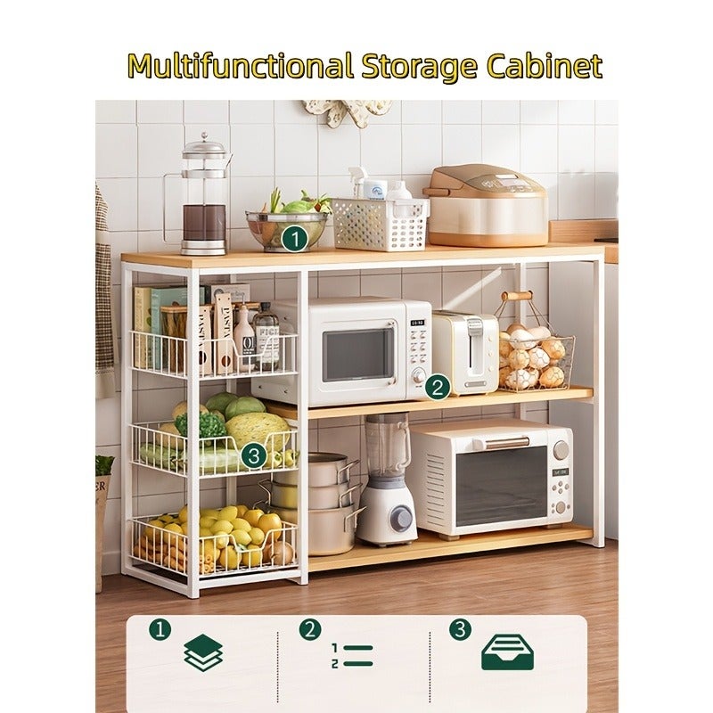 Multifunctional Kitchen Storage Cabinet with 3 Pull-Out Drawers & 3 Open Shelves, 3-Tier Microwave Oven Stand with 5 Hook, Save Space Kitchen Storage Rack for Spice, Utensils, Vegetable, Fruit, Standing Shelf - Image 3