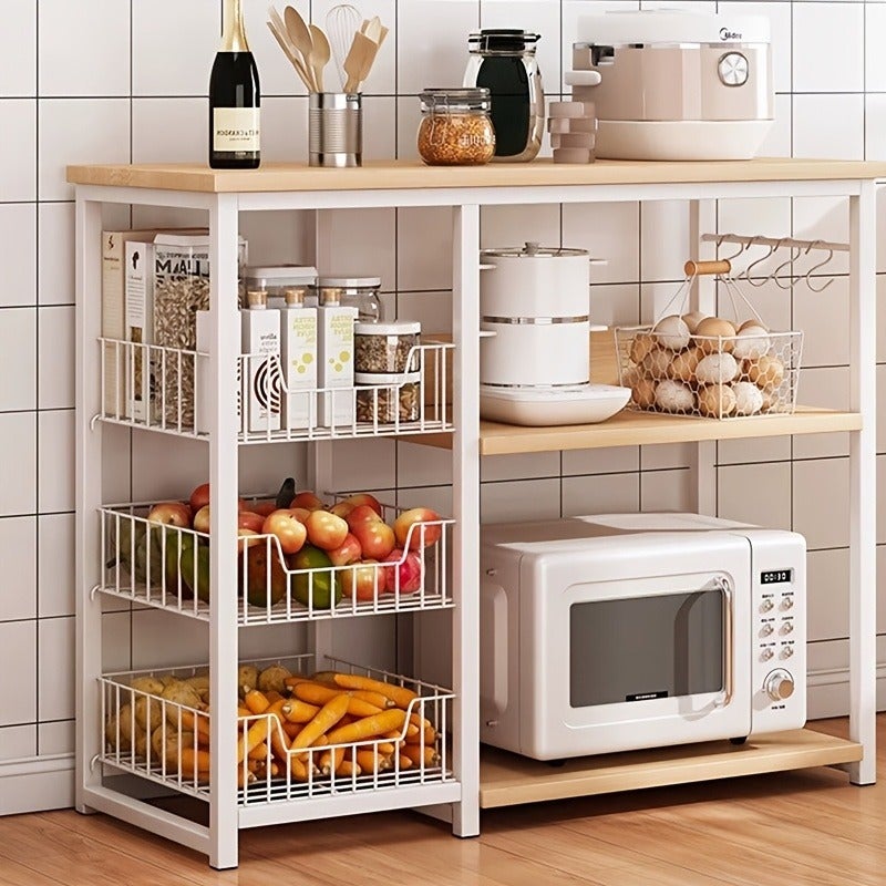 Multifunctional Kitchen Storage Cabinet with 3 Pull-Out Drawers & 3 Open Shelves, 3-Tier Microwave Oven Stand with 5 Hook, Save Space Kitchen Storage Rack for Spice, Utensils, Vegetable, Fruit, Standing Shelf - Image 2