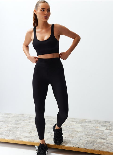 Black Brushed Recovery Matte and Soft Fabric Full Length Knitted Sports Tights THMSS24TY00025