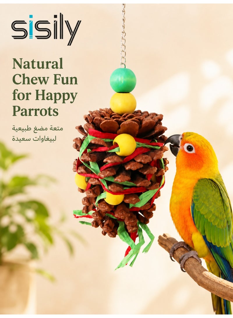 Sisily Bird & Parrot Toy, Pine Cone Chew & Foraging Hanging Cage Accessory with Wooden Pieces and Raffia for Budgies, Cockatiels, Conures and Lovebirds - Image 1
