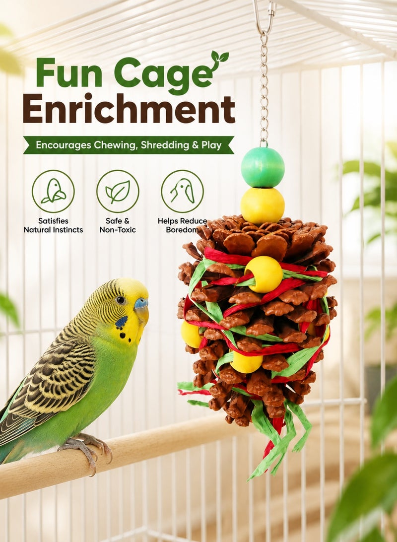 Sisily Bird & Parrot Toy, Pine Cone Chew & Foraging Hanging Cage Accessory with Wooden Pieces and Raffia for Budgies, Cockatiels, Conures and Lovebirds - Image 3