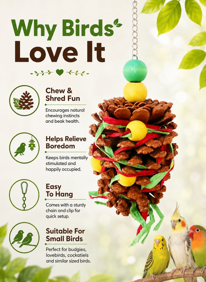 Sisily Bird & Parrot Toy, Pine Cone Chew & Foraging Hanging Cage Accessory with Wooden Pieces and Raffia for Budgies, Cockatiels, Conures and Lovebirds - Image 2