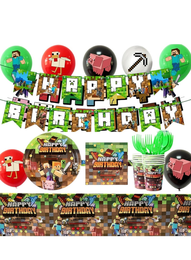 Tamona Minecraft Birthday Party Decoration Set ,Pixel Party Favor Set for Boys & Girls  with Balloons, Tablecover,Plates & Banners for 16 Guests – 96 Pcs - Image 1