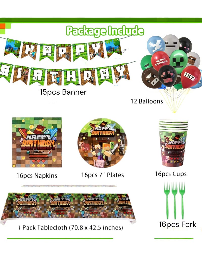 Tamona Minecraft Birthday Party Decoration Set ,Pixel Party Favor Set for Boys & Girls  with Balloons, Tablecover,Plates & Banners for 16 Guests – 96 Pcs - Image 2