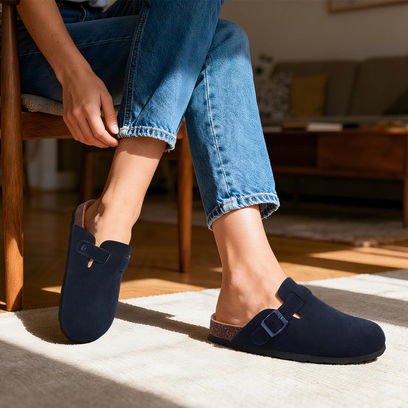KIDMI Genuine Suede Clogs for Women Cork Footbed Sandals Leather Mules Potato Shoes with Arch Support Navy 40 (Size 8.5) - Image 2