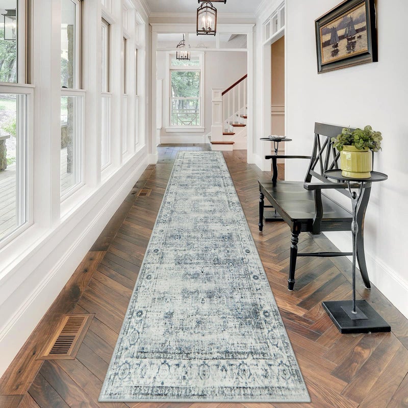 Morebes Vintage Hallway Runner Rug 12 ft Extra Long Washable Kitchen Rug Runner NonSlip Soft Indoor Floor Throw Carpet for Hall Living Room Dining Room Office Farmhouse BlueGray