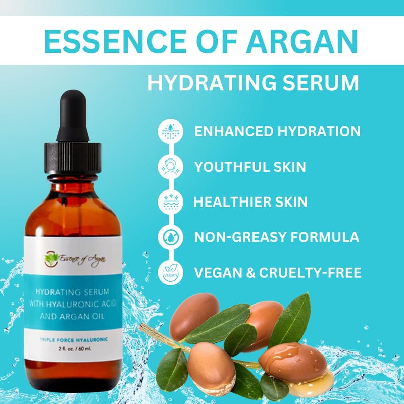 Essence of Argan Hydrating Serum for Face Day/Night Moisturizer with Hyaluronic Acid and Argan Oil Essential Fatty Acids & Vitamin E- Reduce Aging Signs (2fl.oz/60ml) - Image 2