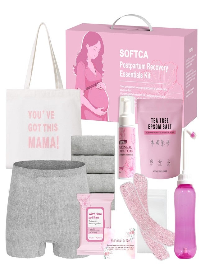 SOFTCA Postpartum Essentials Kit - Peri Bottle,Perineal Ice Packs,Perineal Healing Foam,Disposable Underwears,Cooling Pad Liners,Bath Salts,Canvas Bag,Card,Postpartum Gifts for Mom - Image 1
