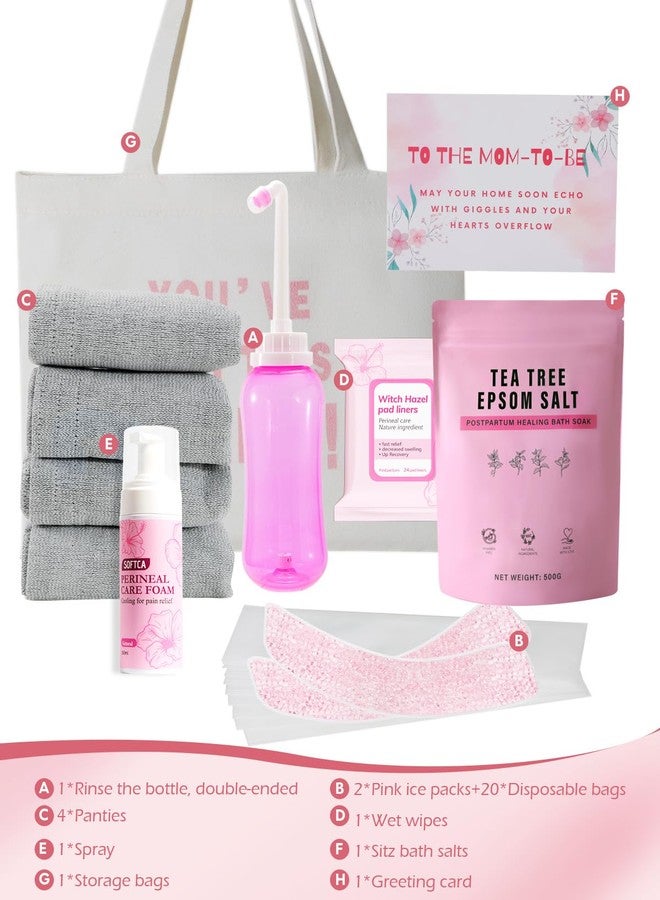 SOFTCA Postpartum Essentials Kit - Peri Bottle,Perineal Ice Packs,Perineal Healing Foam,Disposable Underwears,Cooling Pad Liners,Bath Salts,Canvas Bag,Card,Postpartum Gifts for Mom - Image 2