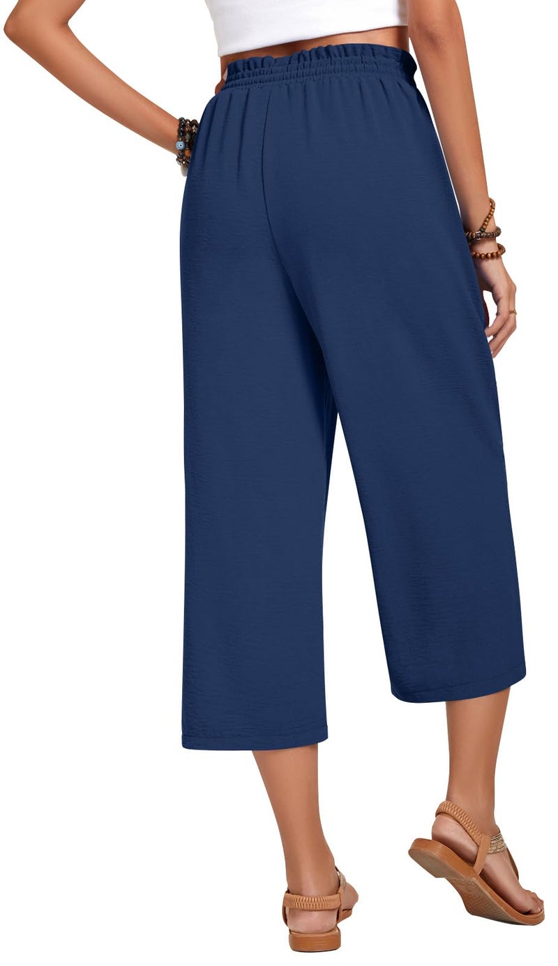 Anyhold Womens Plus Size Capri Pants Loose High Waisted Wide Leg Lounge Pants Drawstring Casual Palazzo Trousers with Pockets 2X-Large, Navy - Image 3