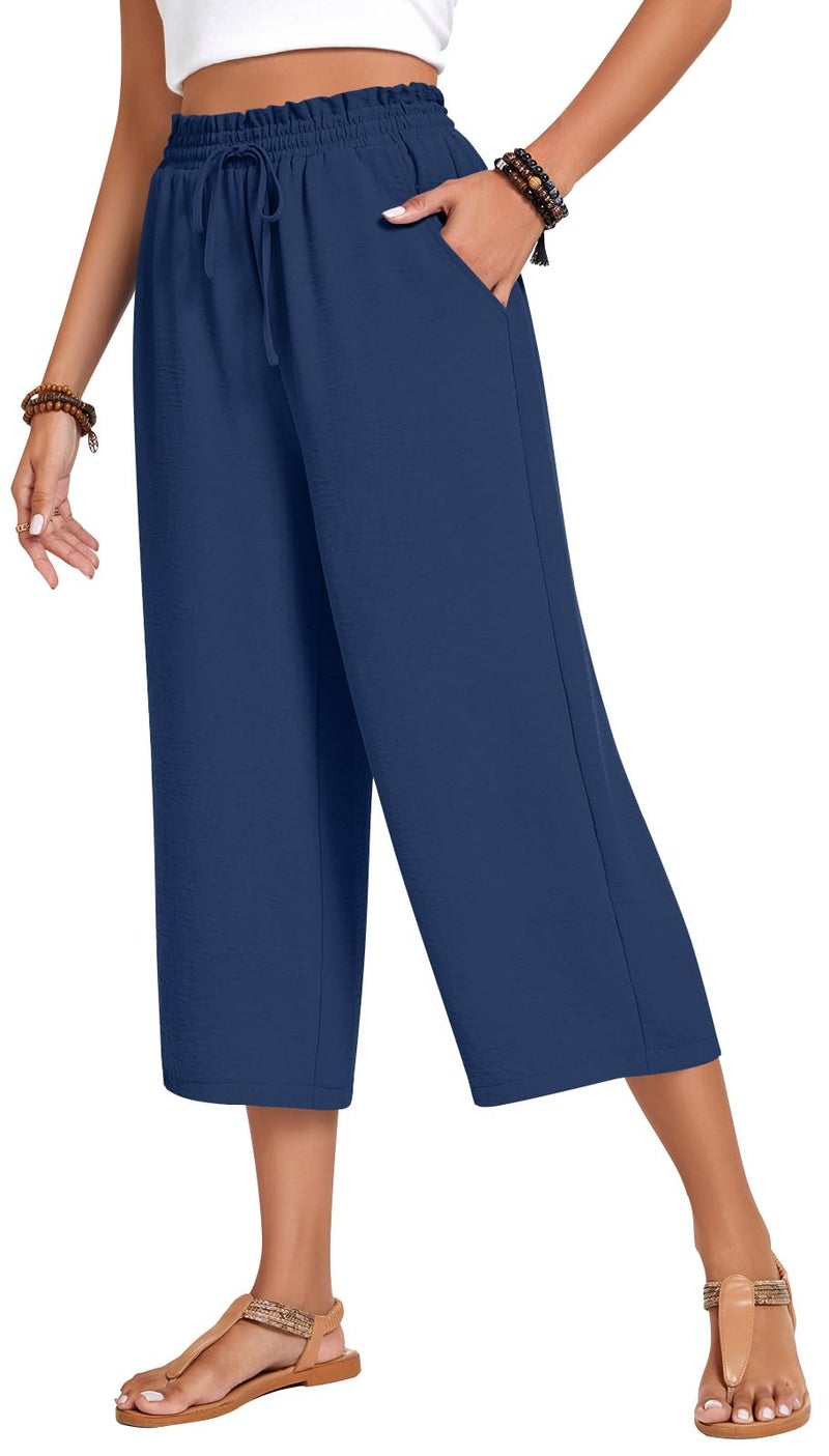 Anyhold Womens Plus Size Capri Pants Loose High Waisted Wide Leg Lounge Pants Drawstring Casual Palazzo Trousers with Pockets 2X-Large, Navy - Image 1