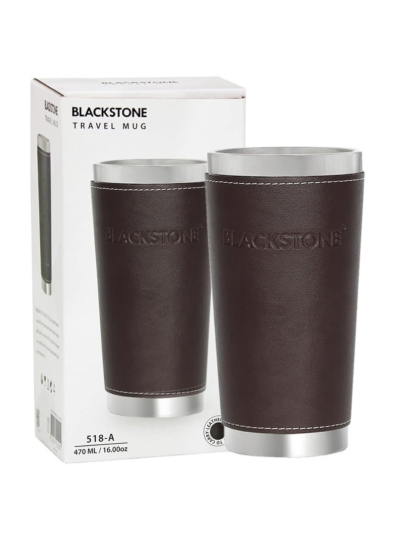 BLACKSTONE كوب سفر معزول من الفولاذ المقاوم للصدأ سعة 470 مل مع مقبض من الجلد البني الداكن، كوب قهوة حراري مزدوج الجدار لحوامل أكواب السيارات - Image 3