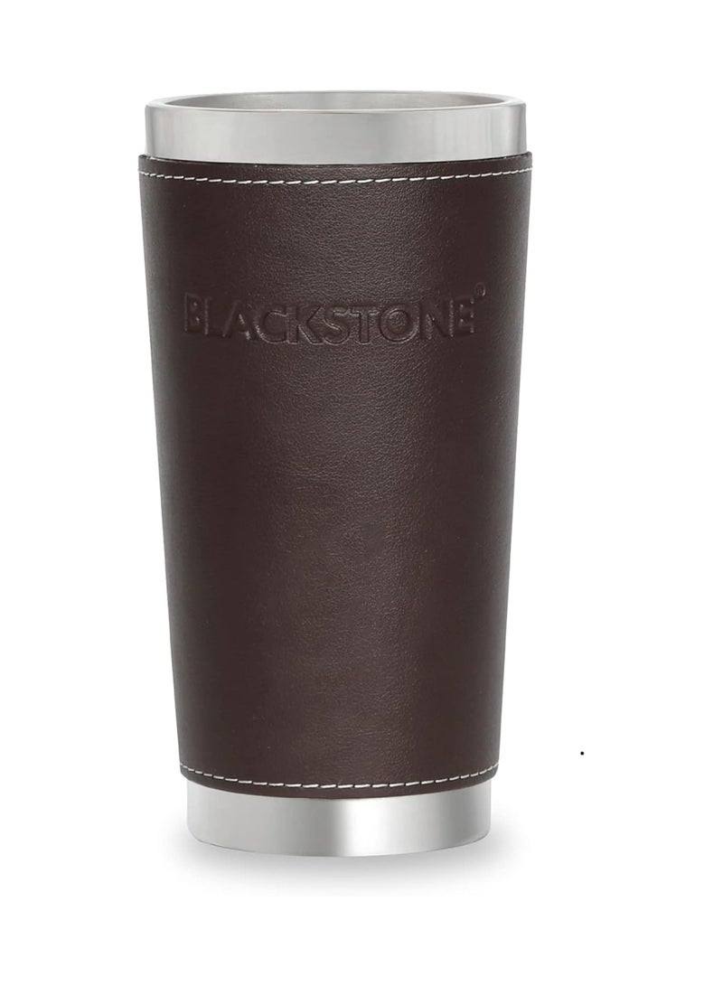 BLACKSTONE كوب سفر معزول من الفولاذ المقاوم للصدأ سعة 470 مل مع مقبض من الجلد البني الداكن، كوب قهوة حراري مزدوج الجدار لحوامل أكواب السيارات - Image 1