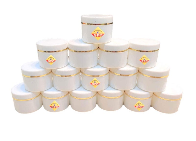 SPC SPC Empty Plastic White Cosmetic Jar Container with Golden Streaks lid for Lip Balms Body Butters Cream Scrub and Other DIY Beauty ProductsConcoctions 50 GMS Pack of 16 pcs  - Image 1