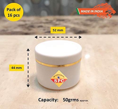 SPC SPC Empty Plastic White Cosmetic Jar Container with Golden Streaks lid for Lip Balms Body Butters Cream Scrub and Other DIY Beauty ProductsConcoctions 50 GMS Pack of 16 pcs  - Image 4