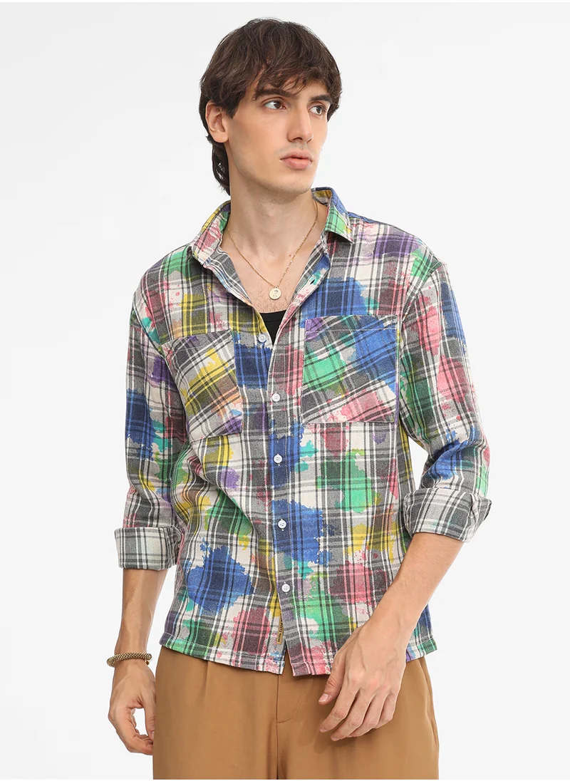 Campus Sutra Men's Multicolour Splash Plaid Oversized Shirt