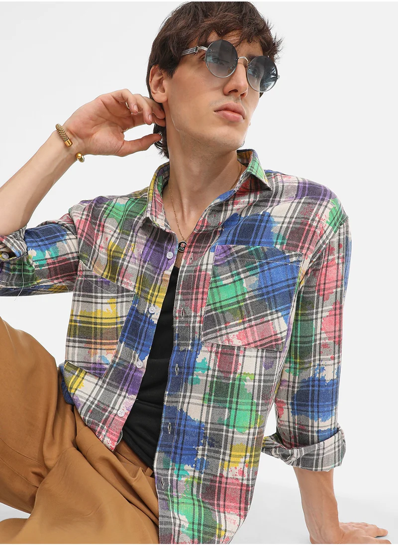 Campus Sutra Men's Multicolour Splash Plaid Oversized Shirt