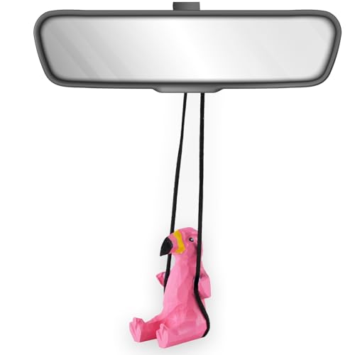 VIPbuy Handmade Wooden Swinging Flamingo Car Hanging Ornament Cute Hand Carved Painted Wood Flamingo Figurine Car Mirror Hanging Accessories Decor Gifts - Image 1