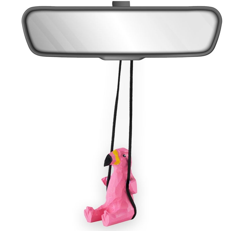 VIPbuy Handmade Wooden Swinging Flamingo Car Hanging Ornament Cute Hand Carved Painted Wood Flamingo Figurine Car Mirror Hanging Accessories Decor Gifts - Image 3