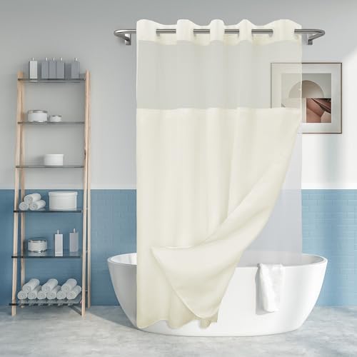 River Dream No Hook Slub Textured Shower Curtain with Snap-in PEVA Liner Set - 71" x 74"(72"), Hotel Style Cream Shower Curtain with Sheer Top Window, Water Repellent, Sand, W71xH72 - Image 1