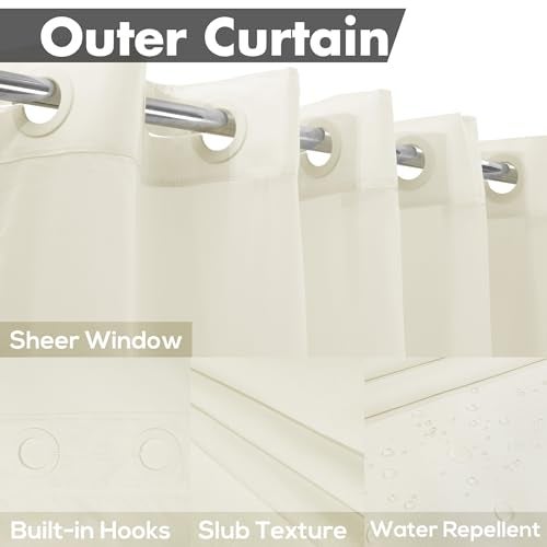River Dream No Hook Slub Textured Shower Curtain with Snap-in PEVA Liner Set - 71" x 74"(72"), Hotel Style Cream Shower Curtain with Sheer Top Window, Water Repellent, Sand, W71xH72 - Image 3