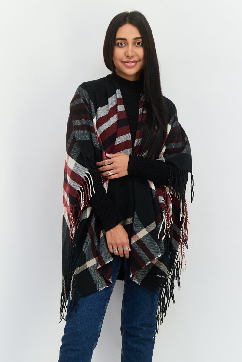 ADRIENNE VITTADINI Women Plaid Ruana Poncho 100 L x 80 H cm, Black  - Image 1