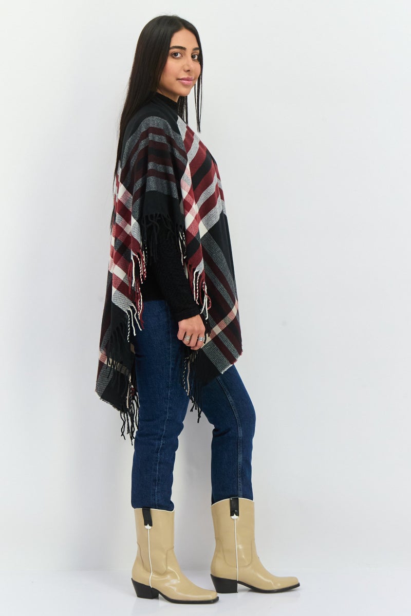 ADRIENNE VITTADINI Women Plaid Ruana Poncho 100 L x 80 H cm, Black  - Image 3