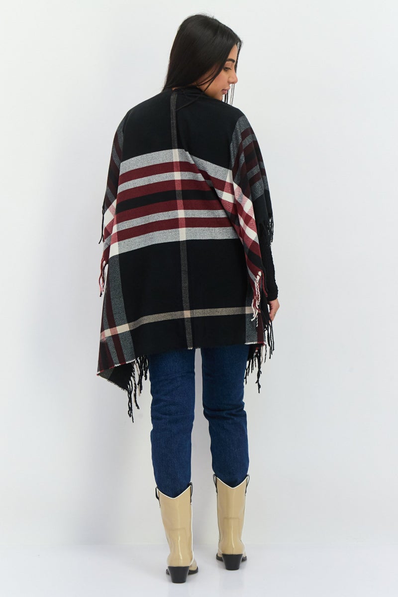 ADRIENNE VITTADINI Women Plaid Ruana Poncho 100 L x 80 H cm, Black - Image 4