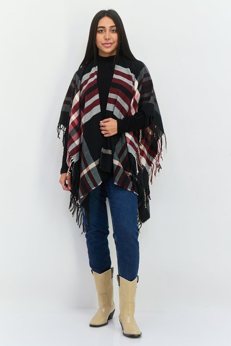 ADRIENNE VITTADINI Women Plaid Ruana Poncho 100 L x 80 H cm, Black - Image 2