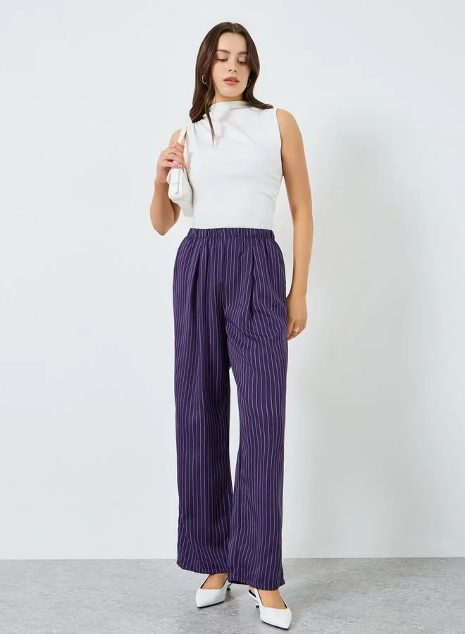 Styli Women Purple Striped Elastic Waist Wide Leg Pants