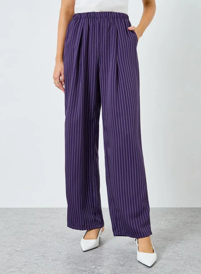 Styli Women Purple Striped Elastic Waist Wide Leg Pants