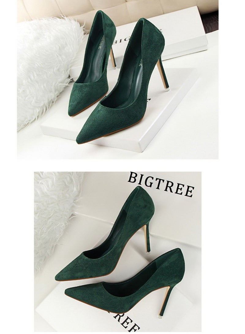BIGTREE 9cm Korean Version Of Fashion Simple Slim Heel High Heel Shallow Mouth Pointed Suede Slim Heels Green - Image 2