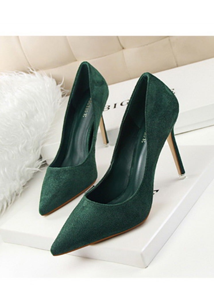 BIGTREE 9cm Korean Version Of Fashion Simple Slim Heel High Heel Shallow Mouth Pointed Suede Slim Heels Green - Image 1