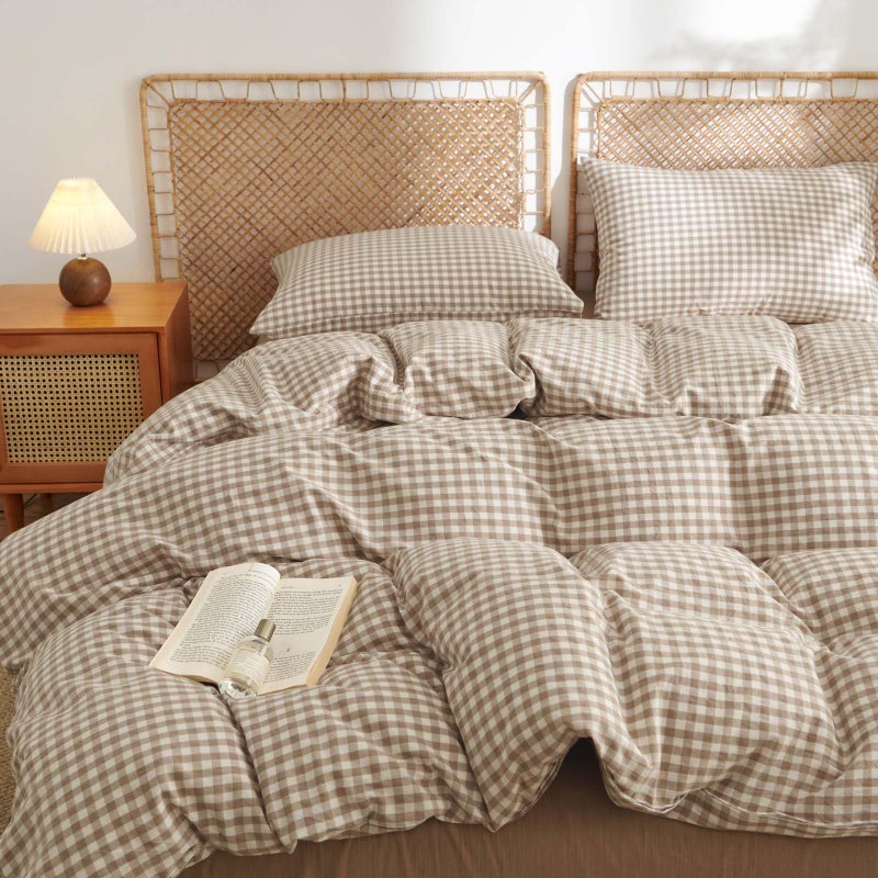 Nayoroom Gingham Duvet Cover King Size 100% Washed Cotton Brown Tan Plaid Checkered Comforter Cover 3 Pcs Soft Breathable Grid Farmhouse Dorm Bedding Set for All Seasons - Image 1