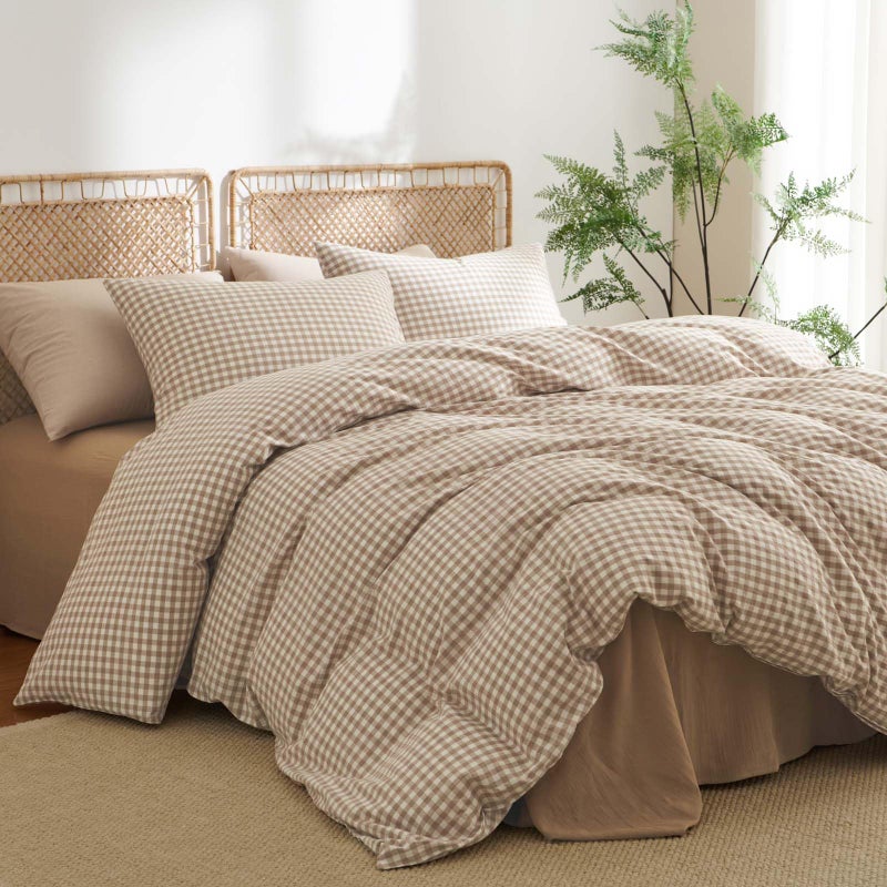 Nayoroom Gingham Duvet Cover King Size 100% Washed Cotton Brown Tan Plaid Checkered Comforter Cover 3 Pcs Soft Breathable Grid Farmhouse Dorm Bedding Set for All Seasons - Image 3