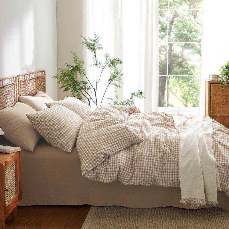 Nayoroom Gingham Duvet Cover King Size 100% Washed Cotton Brown Tan Plaid Checkered Comforter Cover 3 Pcs Soft Breathable Grid Farmhouse Dorm Bedding Set for All Seasons - Image 4