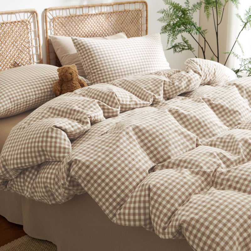 Nayoroom Gingham Duvet Cover King Size 100% Washed Cotton Brown Tan Plaid Checkered Comforter Cover 3 Pcs Soft Breathable Grid Farmhouse Dorm Bedding Set for All Seasons - Image 2