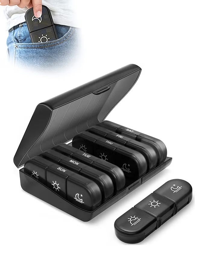 منظم حبوب الدواء الأسبوعي لمدة 3 مرات في اليوم، صندوق حبوب الدواء المحمول للسفر لمدة 7 أيام مع صندوق حبوب كبير لسهولة الوصول، صندوق حبوب دواء أسود مقاوم للضوء يخزن الفيتامينات والأدوية والمكملات الغذائية وزيت السمك (أسود) - Image 1
