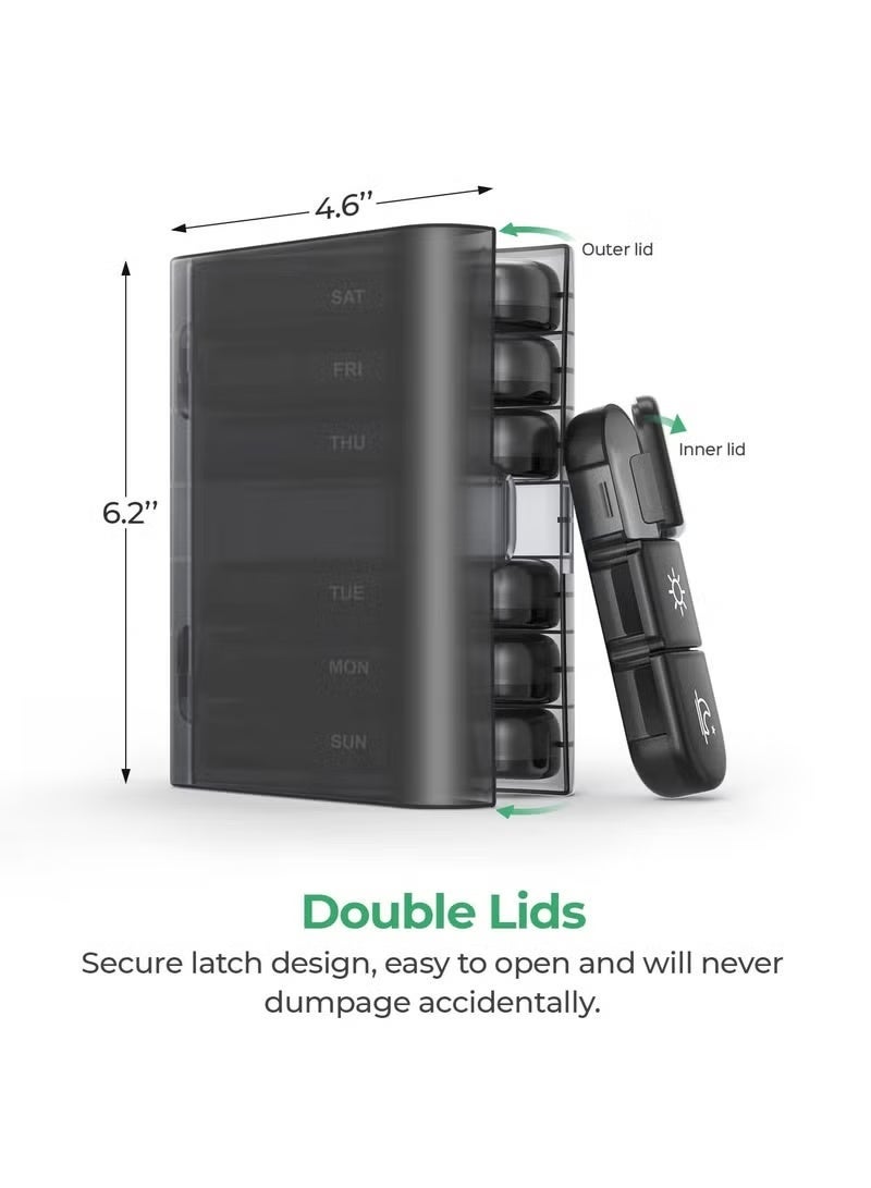 منظم حبوب الدواء الأسبوعي لمدة 3 مرات في اليوم، صندوق حبوب الدواء المحمول للسفر لمدة 7 أيام مع صندوق حبوب كبير لسهولة الوصول، صندوق حبوب دواء أسود مقاوم للضوء يخزن الفيتامينات والأدوية والمكملات الغذائية وزيت السمك (أسود) - Image 2