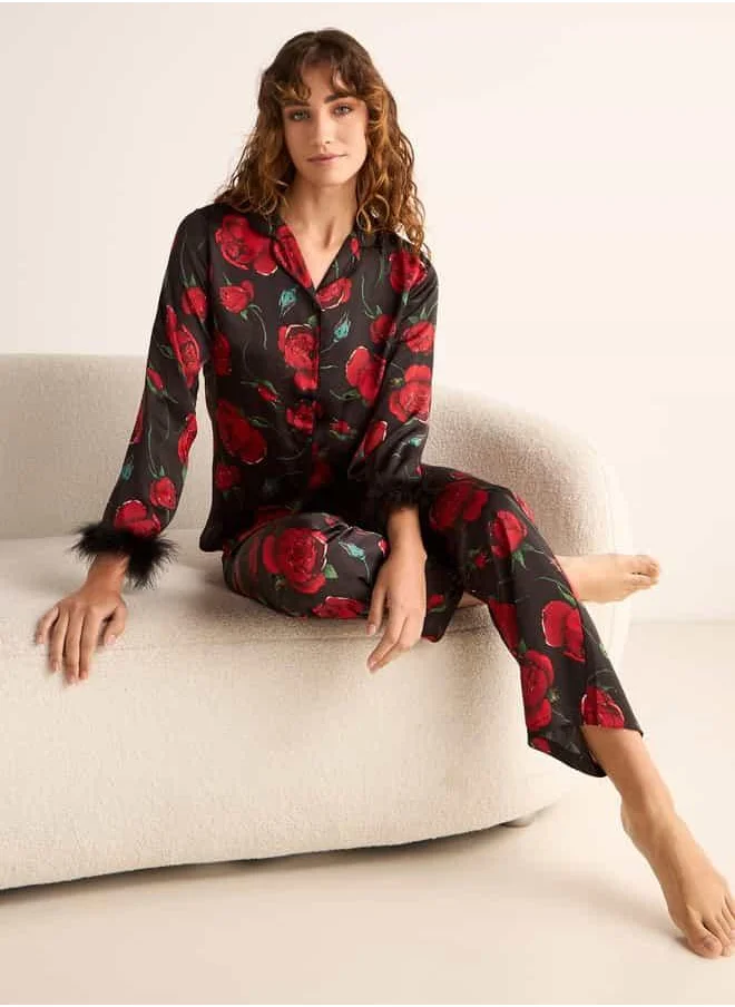 سبلاش فيڤ Floral Print Long Sleeve Shirt and Elastciated Pyjama Set