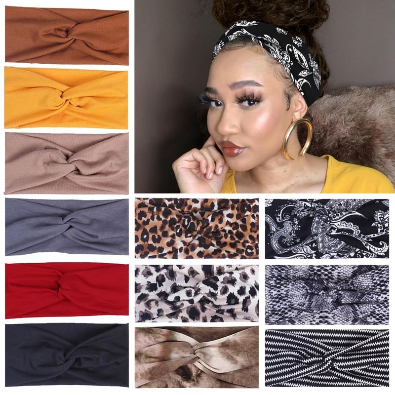 XTREND 12 Pcs Womens Headbands Twisted Cross Elastic Head bands Yoga Workout NonSlip Sweat Soft Headband Solid Color Simple Versatile Hair Accessory Scarf