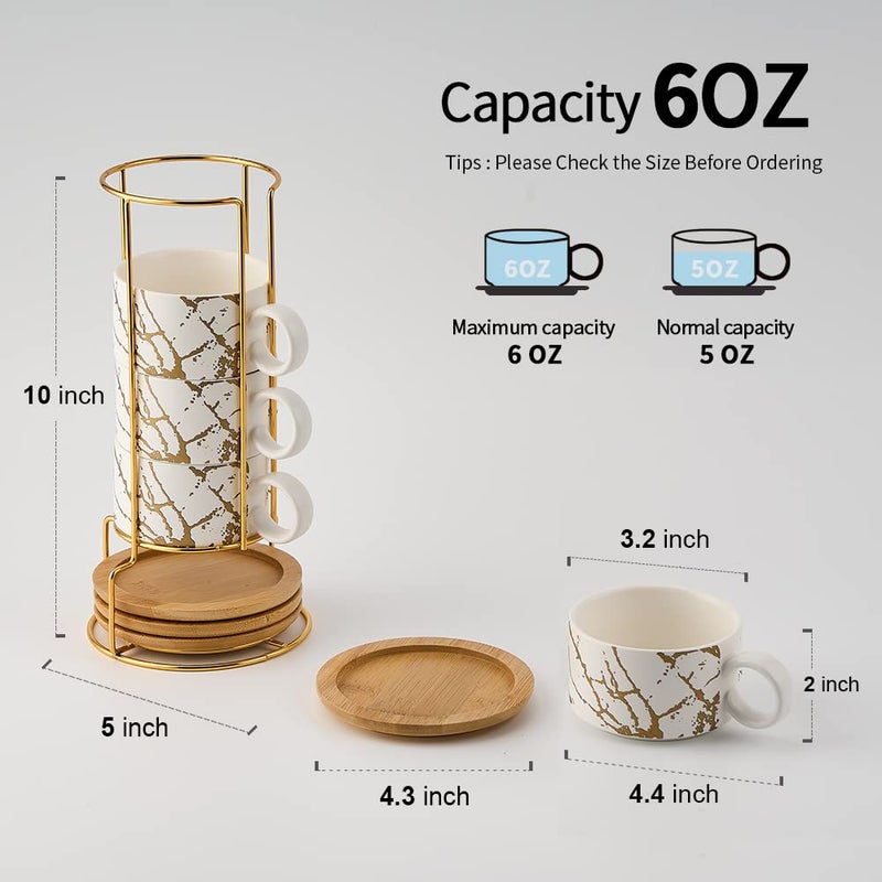 LUKA Porcelain Espresso Cup with Metal Stand, 6 Ounce Stackable Ceramic Demitasse Espresso Mugs Cappuccino Cups Set for Latte,Coffee,Cafe Mocha,Tea(Set of 4,White) - Image 2