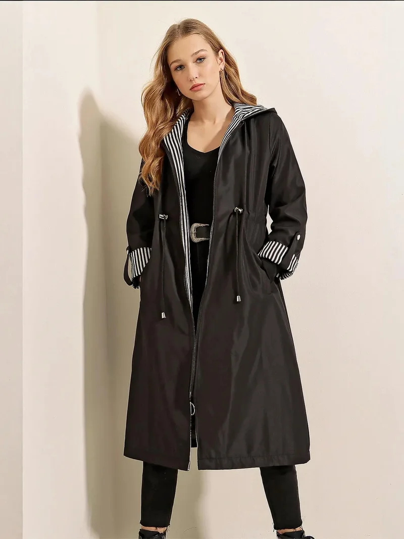 BIG DART BDART Hooded Striped Long Trench Coat with Drawstring Waist