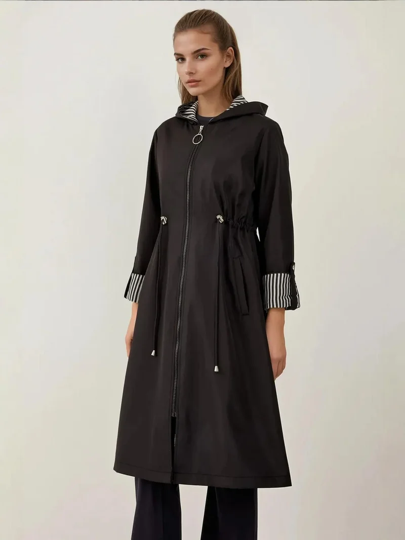 BIG DART BDART Hooded Striped Long Trench Coat with Drawstring Waist
