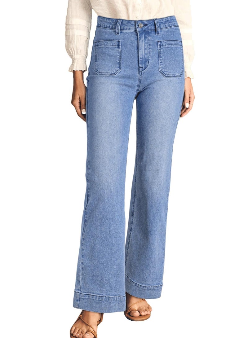 Astylish Wide Leg Jeans for Women High Waisted Straight Leg Stretchy Denim Pants with Pockets Jean Trousers with Patch Pockets Size 4 Beau Blue - Image 5