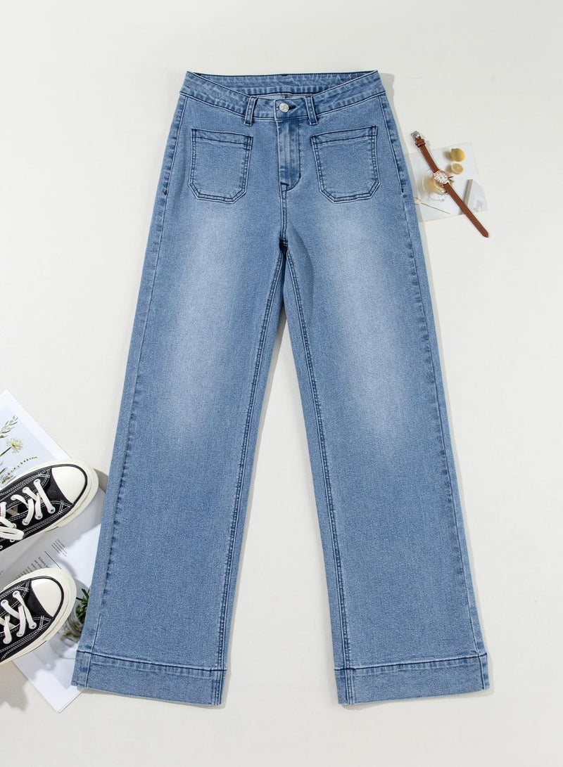 Astylish Wide Leg Jeans for Women High Waisted Straight Leg Stretchy Denim Pants with Pockets Jean Trousers with Patch Pockets Size 4 Beau Blue - Image 3