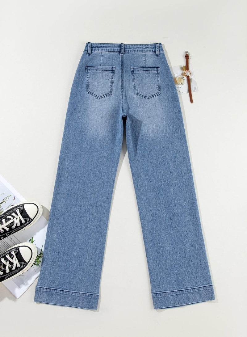 Astylish Wide Leg Jeans for Women High Waisted Straight Leg Stretchy Denim Pants with Pockets Jean Trousers with Patch Pockets Size 4 Beau Blue - Image 4